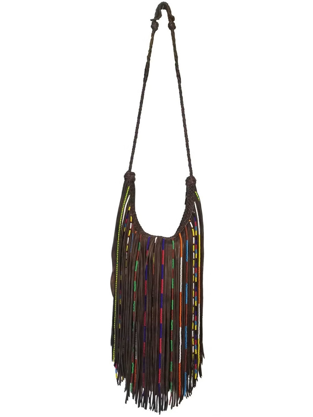 Brown Fringe Crossbody Bag with Multicolor Bead Accents